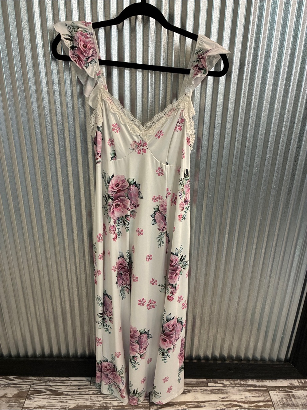 White Floral Lace-Trim Dress - Pink Rose Print